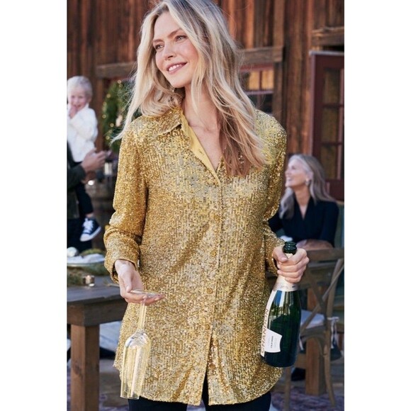 Soft Surroundings Sancerre Sequin Shirt Gold Button Up Petite Large 3GB2650802 - Picture 2 of 13